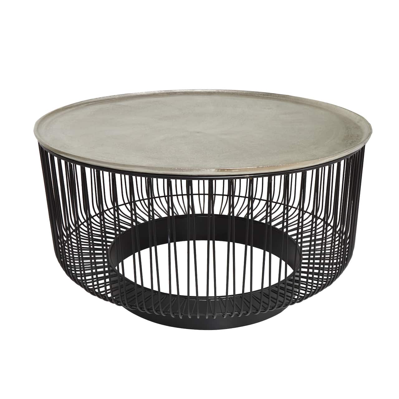 30" Black Metal Open Frame Wire Geometric Coffee Table with Silver Aluminum Top